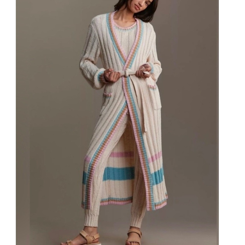 L*Space Ivy Cardigan Long Duster Ribbed Knit Belted Sweater Cream Women's XS/S